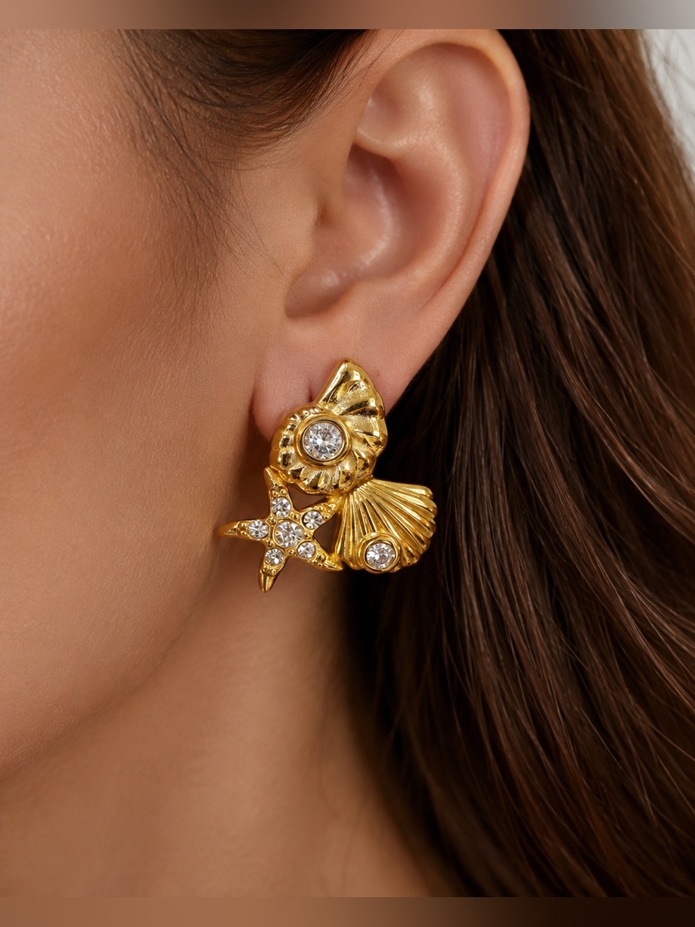 Gold Starfish and Shell Earrings - Picture 5 of 5